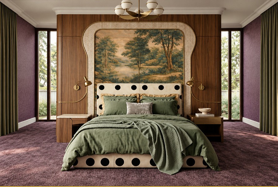 Chambre d’hôtel avec tête de lit capitonnée et mobilier en bois